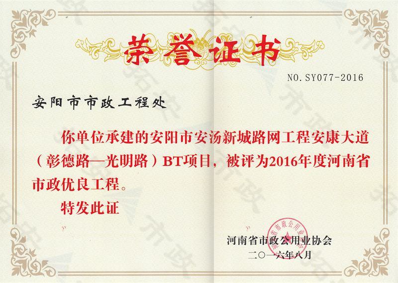 安康大道(彰德路-光明路)BT項目省優(yōu)
